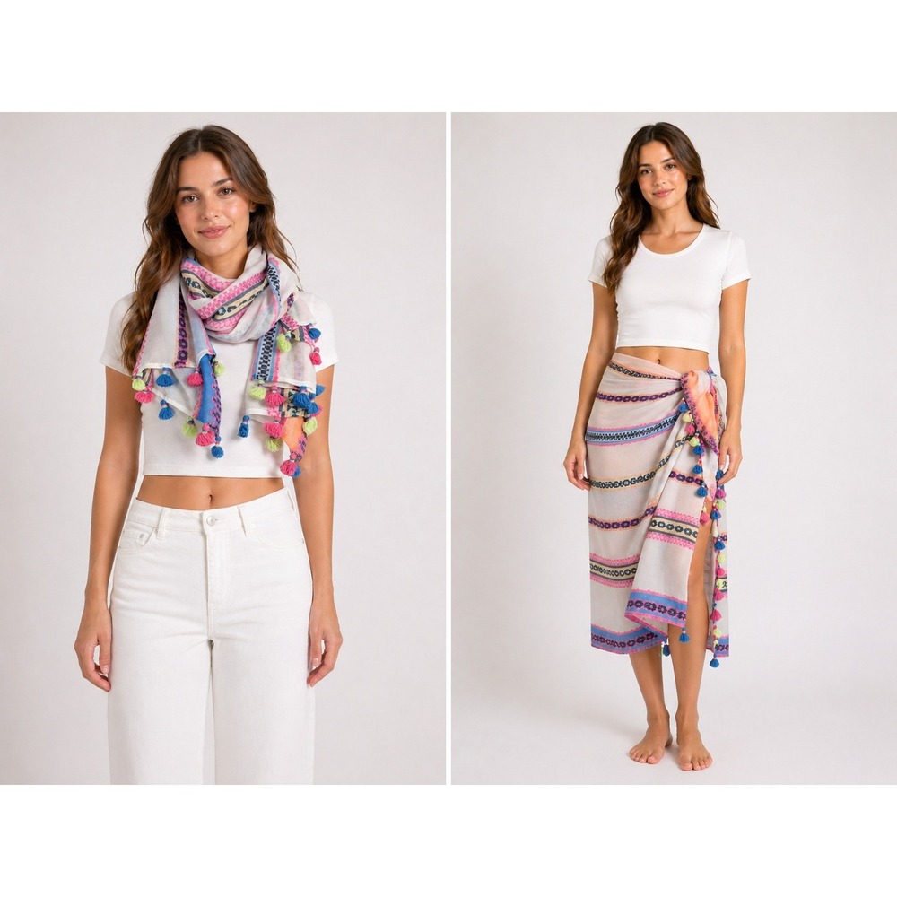 Tommy Bahama Tahitian Jacquard Scarf OS Fuschia Bloom Tassel Sarong Wrap Pareo